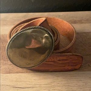 Eddie Bauer let her belt with big gold buckle